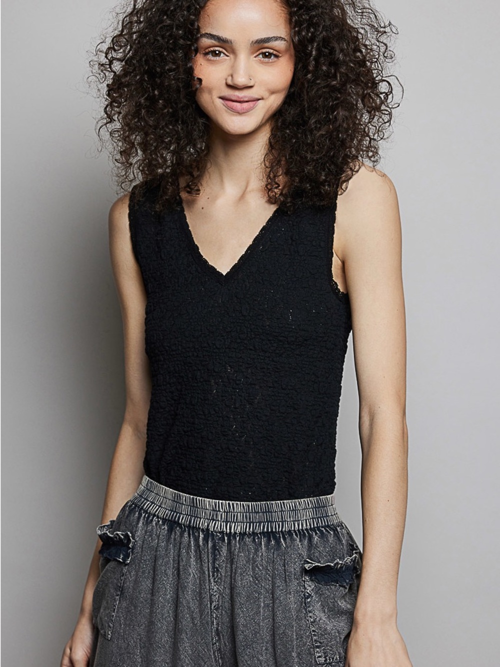 POL Black Lace V-Neck Tank Top